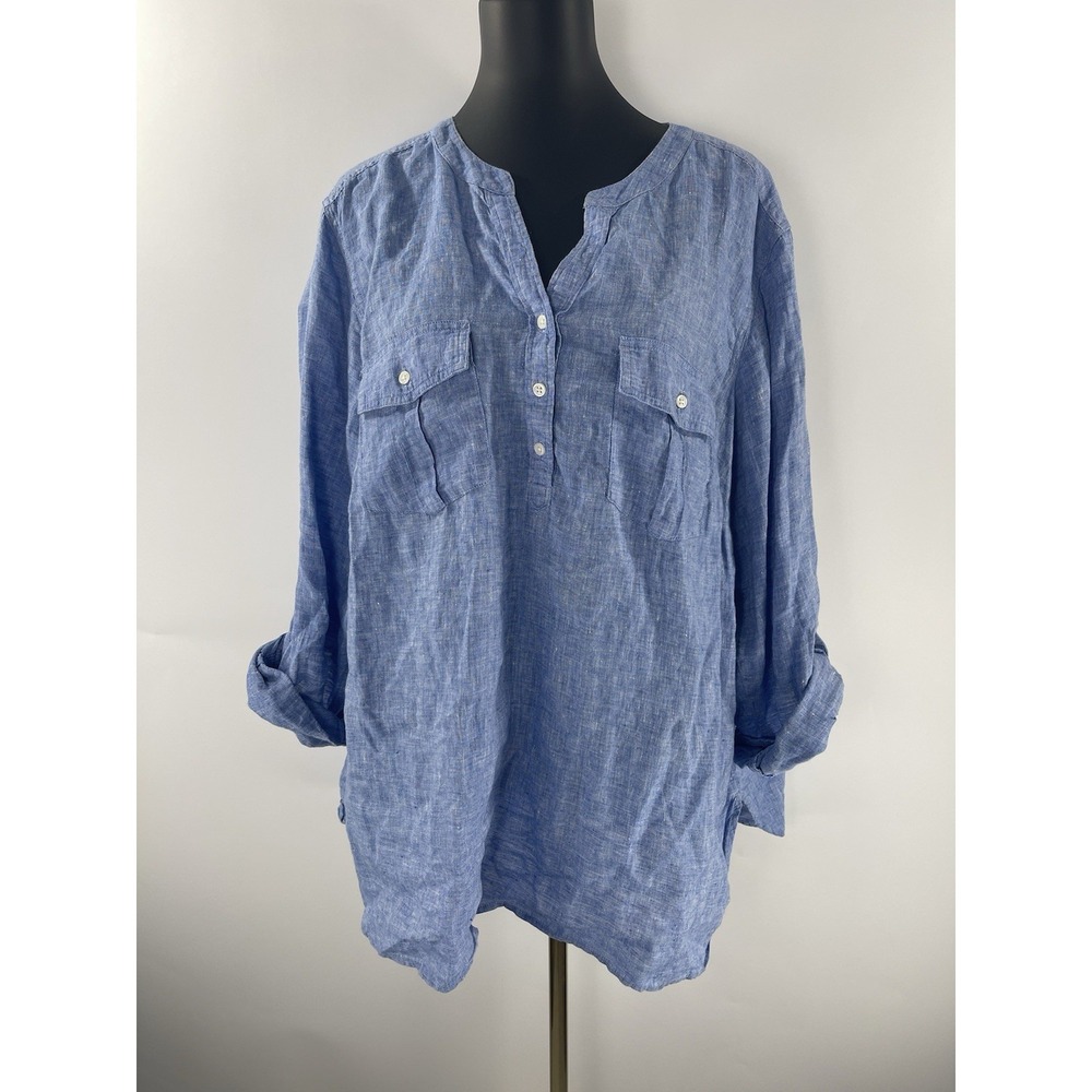 Talbots Women's Chambray Blue 100% Linen Plus Size Top Pit to Pit 27" Length 30"